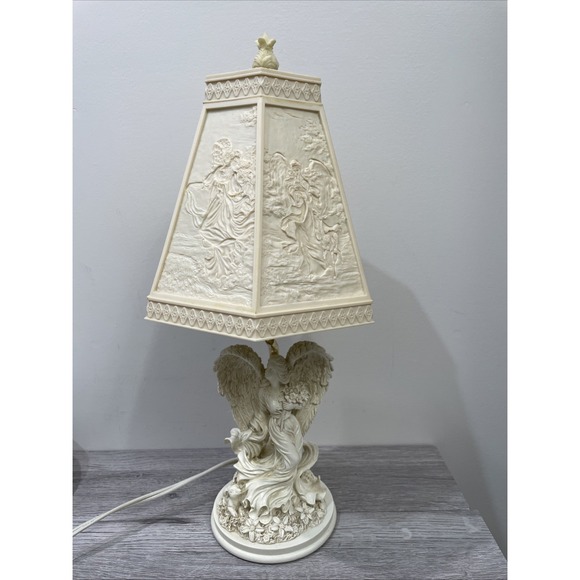 Vintage Angel Lamp 6 Panel Decorated Lithophane Shade With Finial Resin Angel - Picture 2 of 9